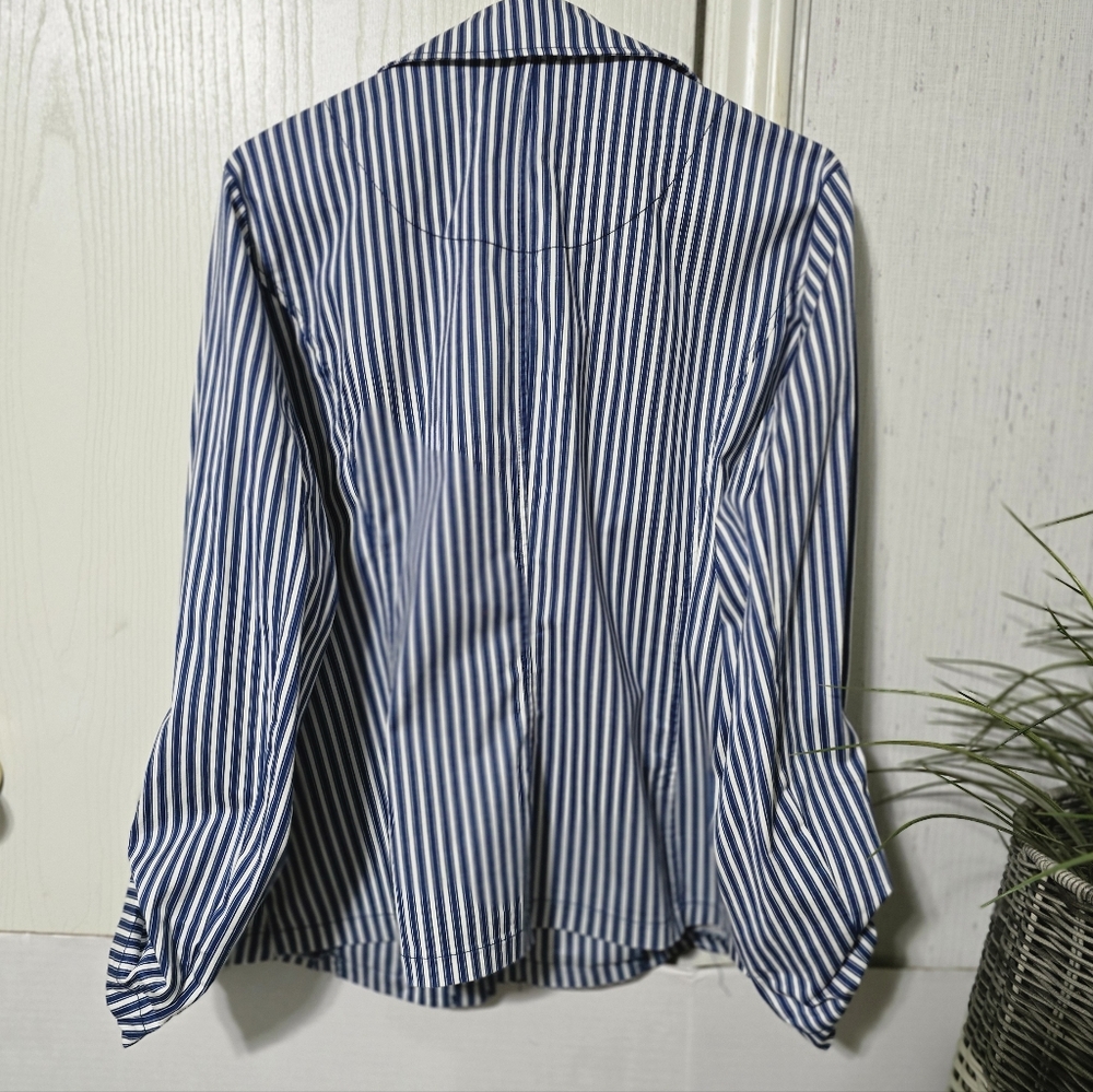 Tribal XL Striped Blue & White Button-Up Jacket, Cuffed Sleeve, Two Front Pocket - Picture 3 of 11